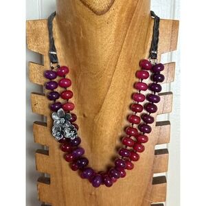 Fossil Beaded Natural Stone Strand Floral Charm Necklace Boho Cord